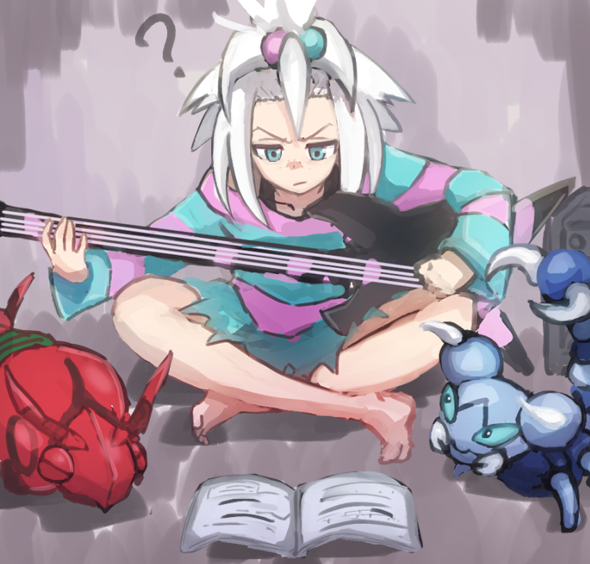 1girl :/ ? bass_guitar blue_eyes boots dress forehead freckles gen_4_pokemon gen_5_pokemon guitar hair_bobbles hair_ornament homika_(pokemon) instrument pokemon pokemon_(game) pokemon_bw popen05 reading short_hair skorupi striped striped_dress venipede white_hair