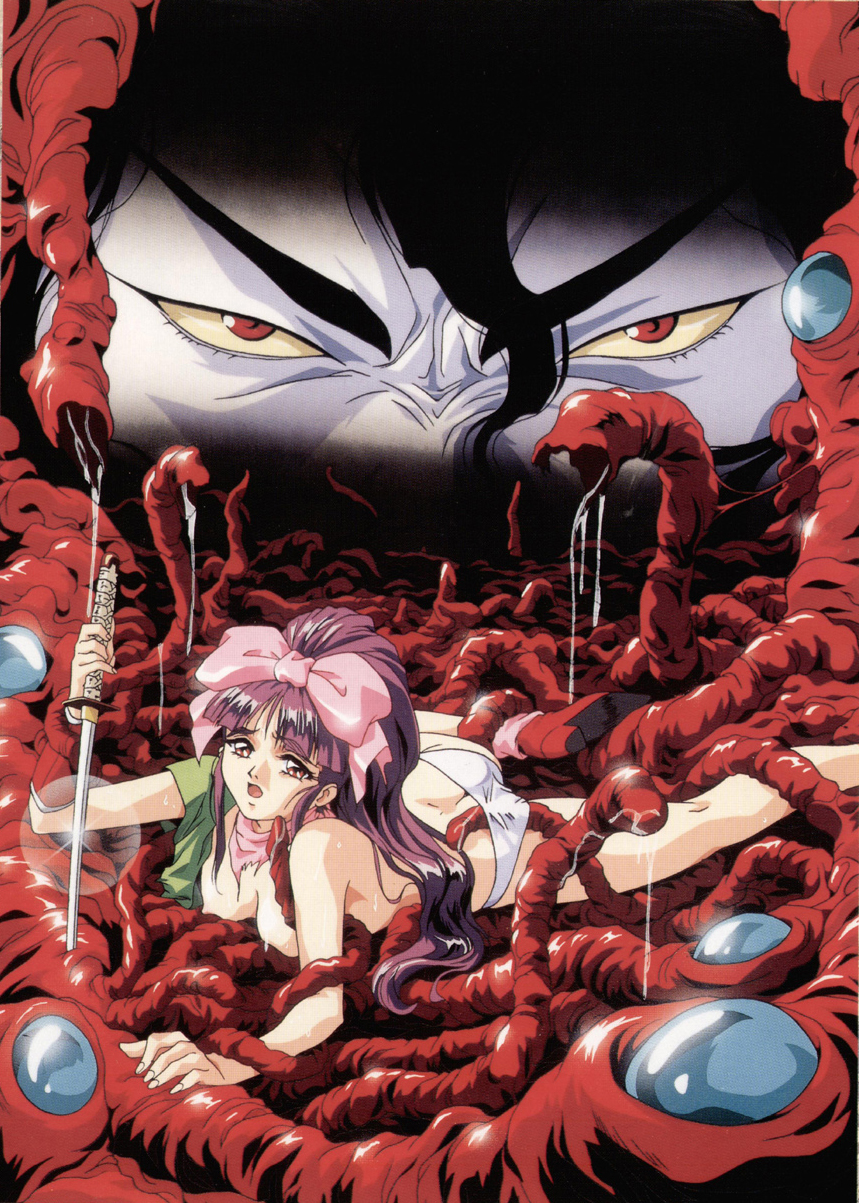 1990s_(style) 1boy 1girl bow hair_between_eyes hair_bow high_ponytail highres holding holding_sword holding_weapon injuu_gakuen_la_blue_girl long_hair midou_miko nipples official_art open_mouth panties purple_eyes purple_hair red_eyes rin-sin scan sword tentacles topless underwear weapon white_panties