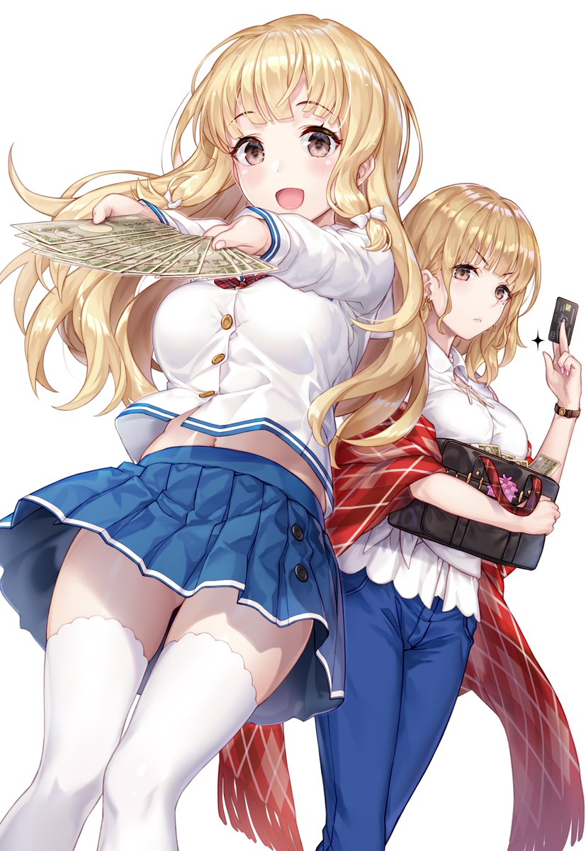 2girls bag bangs black_bag blonde_hair blue_pants blue_skirt breasts card commentary_request copyright_request credit_card eyebrows_visible_through_hair highres holding holding_bag holding_card holding_money katoroku large_breasts long_hair long_sleeves looking_at_viewer multiple_girls pants shirt simple_background skirt thighhighs white_background white_legwear white_shirt