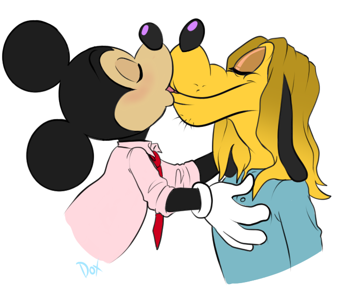 alpha_channel anthro anthrofied black_body black_fur canid canine canis clothing disney domestic_dog duo eyes_closed fur hair kissing long_hair male male/male mammal mickey_mouse mouse murid murine pandadox pluto_(disney) rodent what why yellow_body yellow_fur