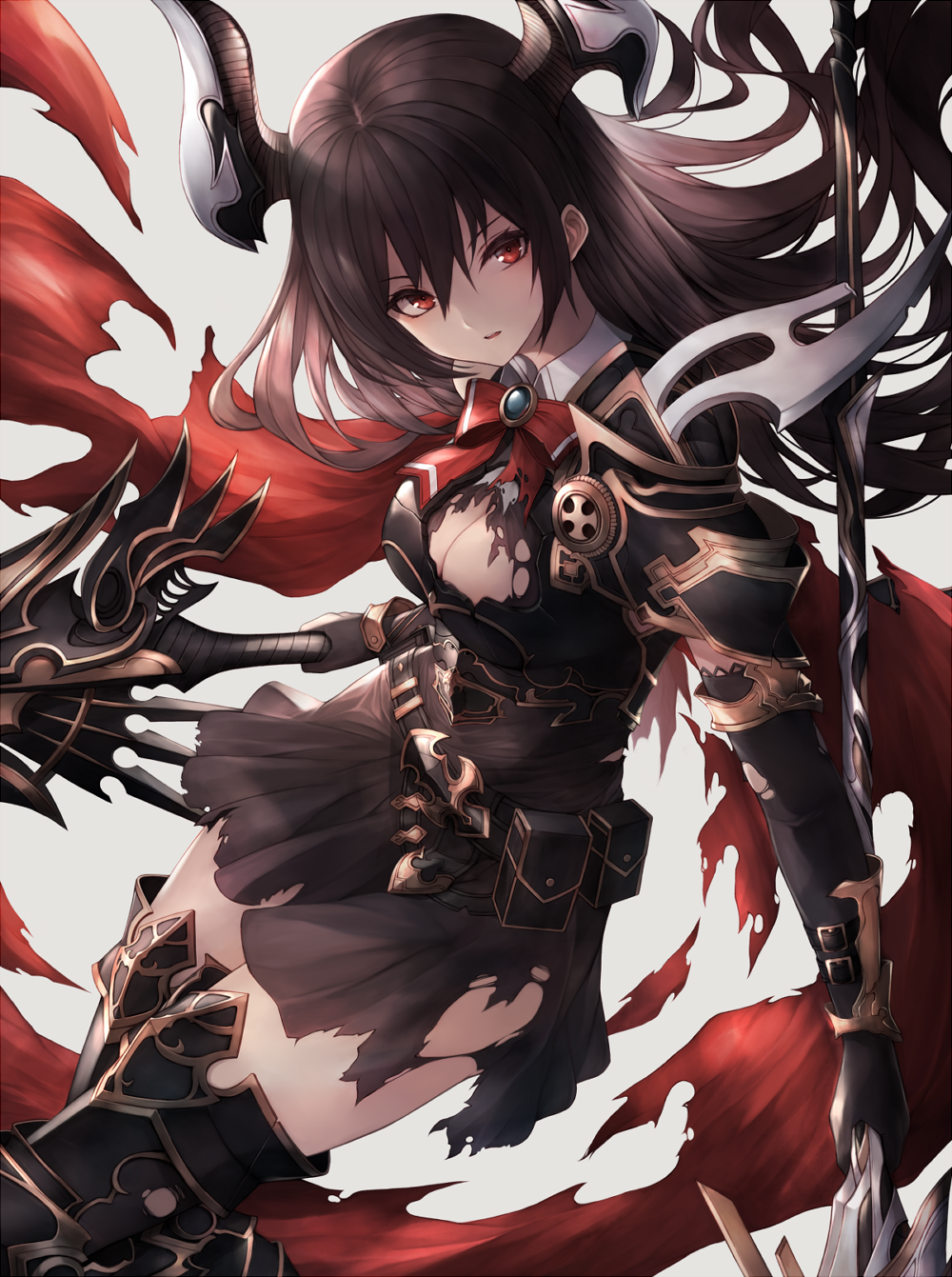 1girl bangs black_dress black_gloves black_legwear boots breasts character_request cleavage commentary_request dress floating_hair gem gloves grey_hair hair_between_eyes highres holding holding_sword holding_weapon inaba_sunimi large_breasts long_hair looking_at_viewer red_eyes red_neckwear red_ribbon ribbon shingeki_no_bahamut solo sword thigh_boots thighhighs torn_clothes torn_dress torn_ribbon weapon