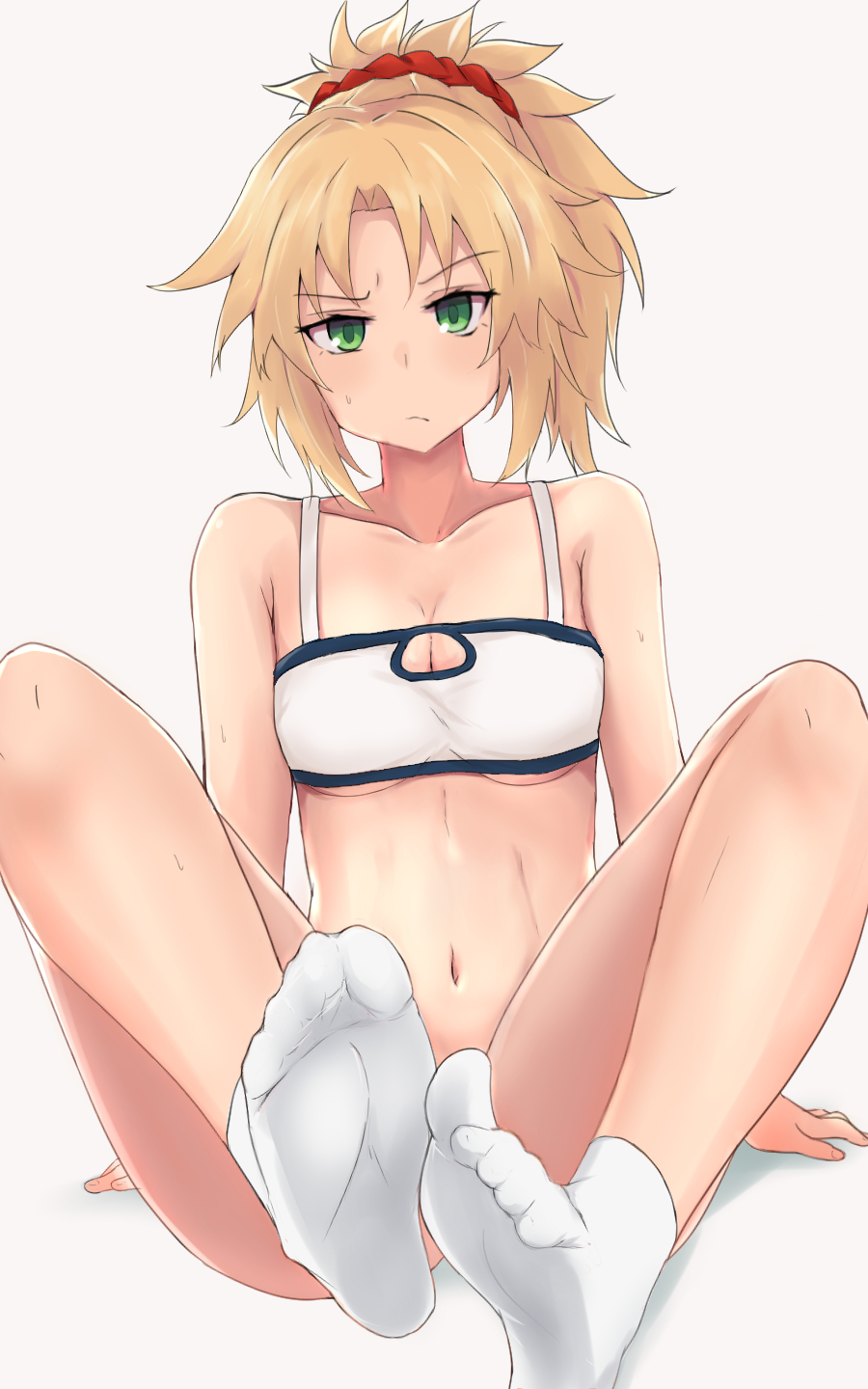 1girl :t arm_support blonde_hair blush breasts cleavage cleavage_cutout fate/apocrypha fate/grand_order fate_(series) feet green_eyes highres mordred_(fate) mordred_(fate)_(all) navel red_scrunchie scrunchie small_breasts socks solo sweatdrop tarosu