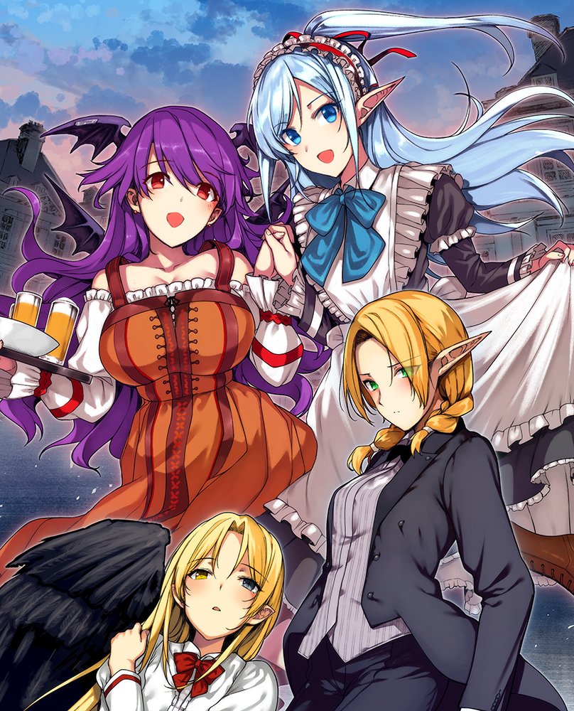 4girls :d alternate_costume apron bangs bare_shoulders black_jacket black_pants black_suit black_wings blonde_hair blue_bow blue_eyes blue_hair blush boots bow bowtie braid breasts character_request collarbone collared_shirt commentary_request cup demon_wings dress drinking_glass enmaided evening eyebrows_visible_through_hair eyes_visible_through_hair feathered_wings forehead formal frilled_apron frilled_dress frilled_sleeves frills green_eyes half_updo hand_on_own_shoulder head_wings heterochromia himajin_maou_no_sugata_de_isekai_e holding holding_hand holding_tray jacket juliet_sleeves katsurai_yoshiaki large_breasts long_dress long_hair long_sleeves looking_at_viewer low_twintails maid maid_apron maid_headdress medium_breasts multiple_girls neck_ribbon novel_illustration off-shoulder_dress off_shoulder official_art open_clothes open_jacket open_mouth orange_dress pant_suit pants parted_bangs parted_lips pointy_ears puffy_sleeves purple_hair red_bow red_eyes reverse_trap ribbon ryue_(himajin_maou_no_sugata_de_isekai_e) shirt sidelocks single_wing skirt_hold smile suit swept_bangs tray twin_braids twintails wavy_hair white_shirt wings yellow_eyes