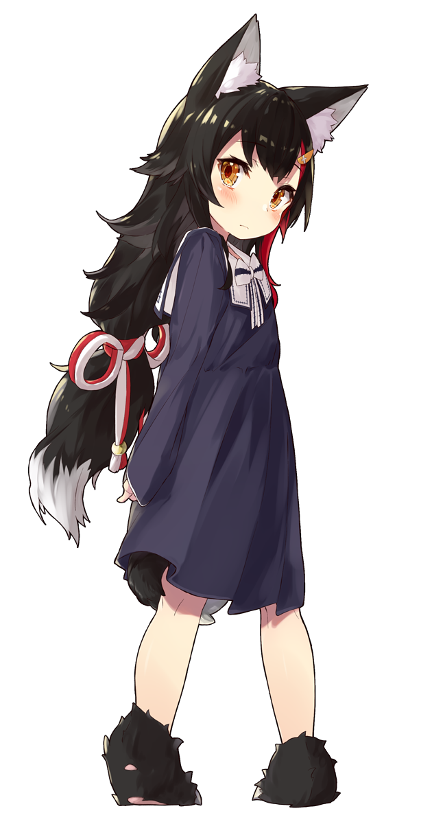 1girl animal_ears black_dress black_hair dress expressionless full_body highres hololive long_hair long_sleeves looking_back multicolored_hair nuko_miruku ookami_mio orange_eyes paw_shoes red_hair revision rope sailor_dress shoes simple_background streaked_hair tail tied_hair virtual_youtuber white_background white_hair wolf_ears wolf_tail