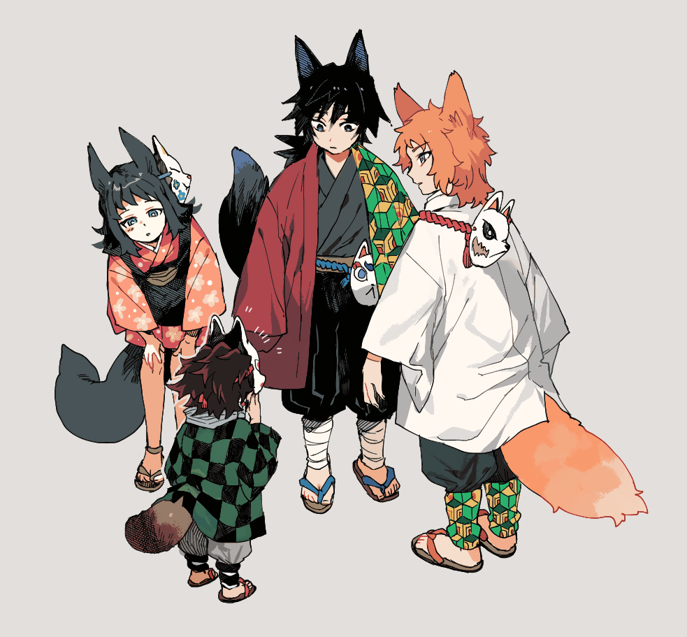 1girl 3boys animal_ears bangs black_hair blue_eyes checkered child earrings flipped_hair floral_print fox_boy fox_ears fox_girl fox_mask fox_tail geta grey_background grey_eyes hand_on_mask haori japanese_clothes jewelry kamado_tanjirou kemonomimi_mode kimetsu_no_yaiba kimono leaning_forward leg_wrap looking_at_another makomo_(kimetsu) mask mask_on_head mask_removed multiple_boys newo_(shinra-p) odd_one_out orange_hair orange_kimono pants profile raccoon_tail red_hair sabito_(kimetsu) sash short_kimono simple_background standing surprised tail tomioka_giyuu