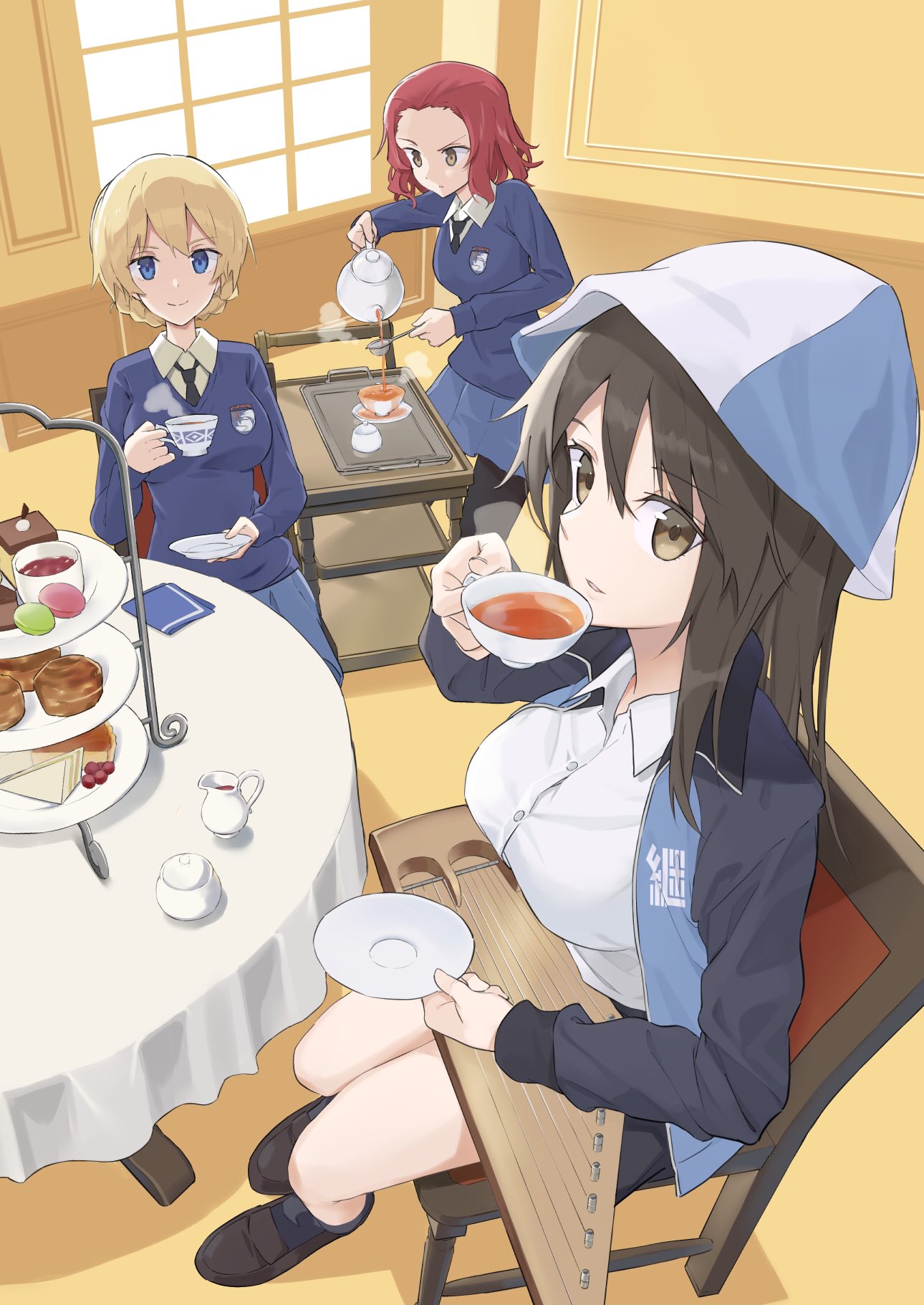 3girls ankle_boots bangs black_neckwear blonde_hair blue_eyes blue_headwear blue_jacket blue_skirt blue_sweater boots braid brown_eyes brown_hair cart closed_mouth commentary cup darjeeling_(girls_und_panzer) decantering dessert dress_shirt emblem food girls_und_panzer hat highres holding holding_cup holding_instrument holding_saucer holding_teapot indoors instrument jacket kantele keizoku_military_uniform long_hair long_sleeves looking_at_viewer macaron mika_(girls_und_panzer) military military_uniform miniskirt multiple_girls muteki_soda necktie on_chair open_clothes open_jacket pantyhose parted_lips pleated_skirt pouring raglan_sleeves rosehip_(girls_und_panzer) saucer school_uniform shirt short_hair sitting skirt smile spilling st._gloriana's_school_uniform standing stream sweater table tablecloth tea teacup tied_hair tiered_tray track_jacket tray twin_braids uniform v-neck white_shirt wing_collar wooden_chair