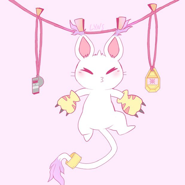 1:1 ambiguous_gender black_claws blush claws clipped clothing crest_of_light digimon digimon_(species) digimon_crest eyes_closed fur gatomon gloves handwear hanging_(disambiguation) long_tail lyns pink_background simple_background solo symbol tail_ring whistle white_body white_fur yellow_gloves