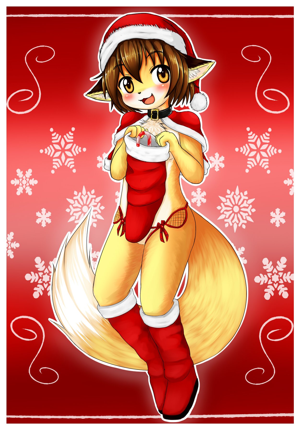 anthro blush brown_hair candy candy_cane canid canine capelet chest_tuft christmas clothing collar female food fox fur hair hat headgear headwear hi_res holidays kemono mammal mcsadat open_mouth santa_hat short_hair tuft yellow_body yellow_fur young