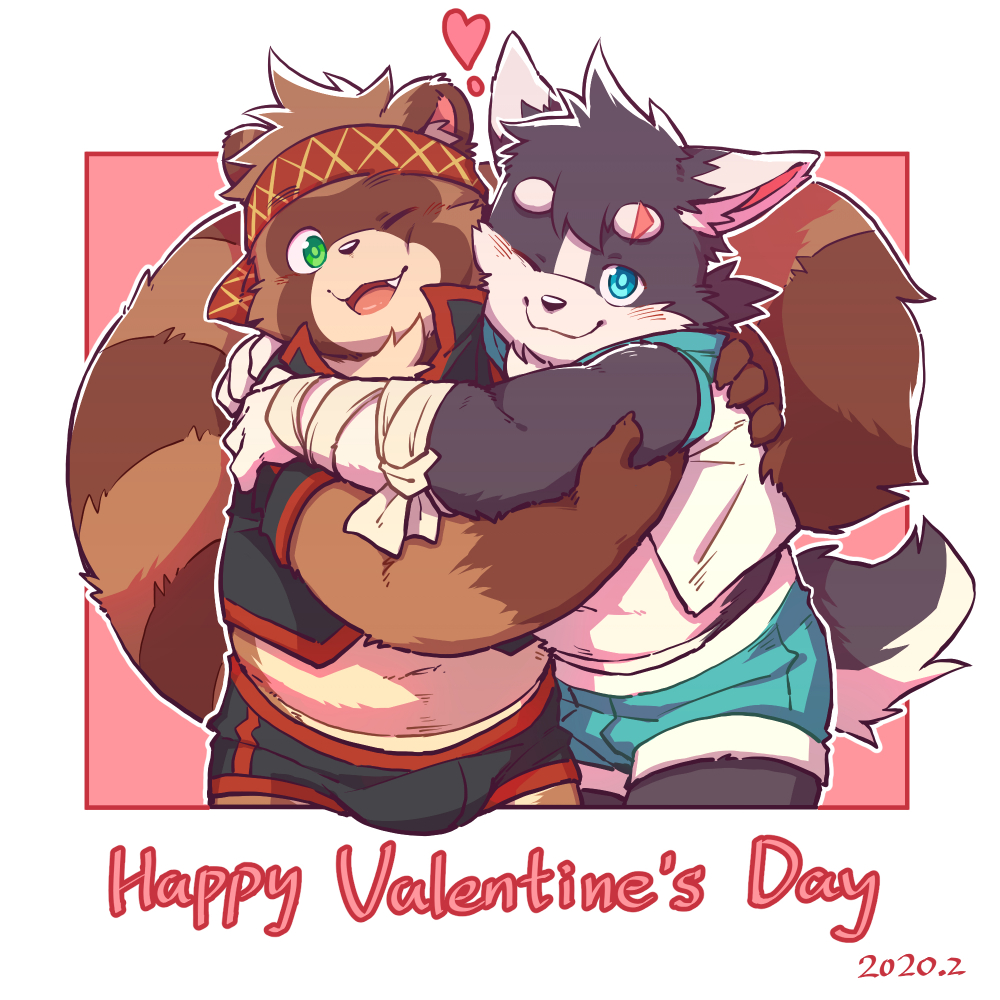 &lt;3 1:1 2020 anthro belly blue_eyes brown_body brown_fur bulge canid canine canis clothing duo fur green_eyes holidays hug humanoid_hands kemono male male/male mammal one_eye_closed raccoon_dog slightly_chubby tanuki text underwear valentine's_day wink wolf wolfsoul