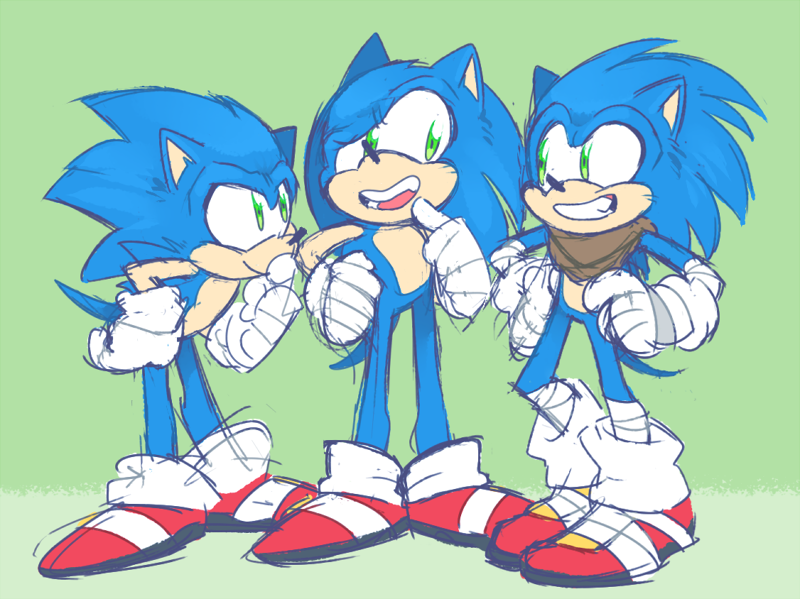 8xenon8_(artist) anthro blue_body blue_fur clothing eulipotyphlan footwear fur gloves green_background green_eyes group hands_on_hips handwear hedgehog male mammal shoes simple_background smile sonic_boom sonic_the_hedgehog sonic_the_hedgehog_(series) square_crossover standing