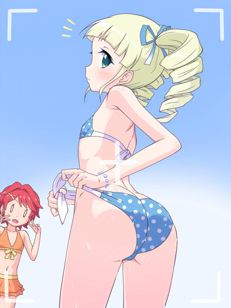 0_0 2girls aikatsu! aikatsu!_(series) ass back bangs bikini bikini_skirt blonde_hair blue_bikini blue_ribbon blue_sky blunt_bangs bracelet breasts closed_mouth commentary day drill_hair from_behind green_eyes hair_ornament hair_ribbon hairclip ichinose_kaede jewelry k10k looking_at_viewer looking_back medium_hair multiple_girls navel notice_lines open_mouth orange_bikini outdoors photobomb polka_dot polka_dot_bikini red_hair ribbon short_hair sky small_breasts smile standing swimsuit toudou_yurika twin_drills tying untied untied_bikini viewfinder