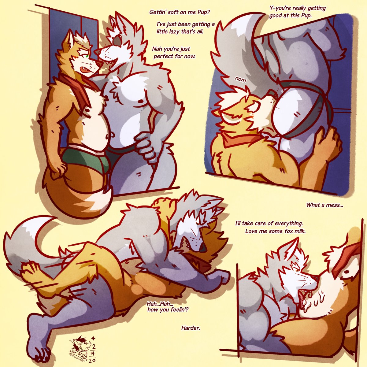 1:1 anal belly belly_licking bodily_fluids canid canine canis clothing comic cum cum_in_mouth cum_inside drinking drinking_cum english_text eye_patch eyewear fox fox_mccloud genital_fluids hi_res jockstrap licking_cum lying male male/male mammal missionary_position neckerchief nintendo on_back oral rimming sex star_fox text underwear ventkazemaru video_games whiskers wolf wolf_o'donnell