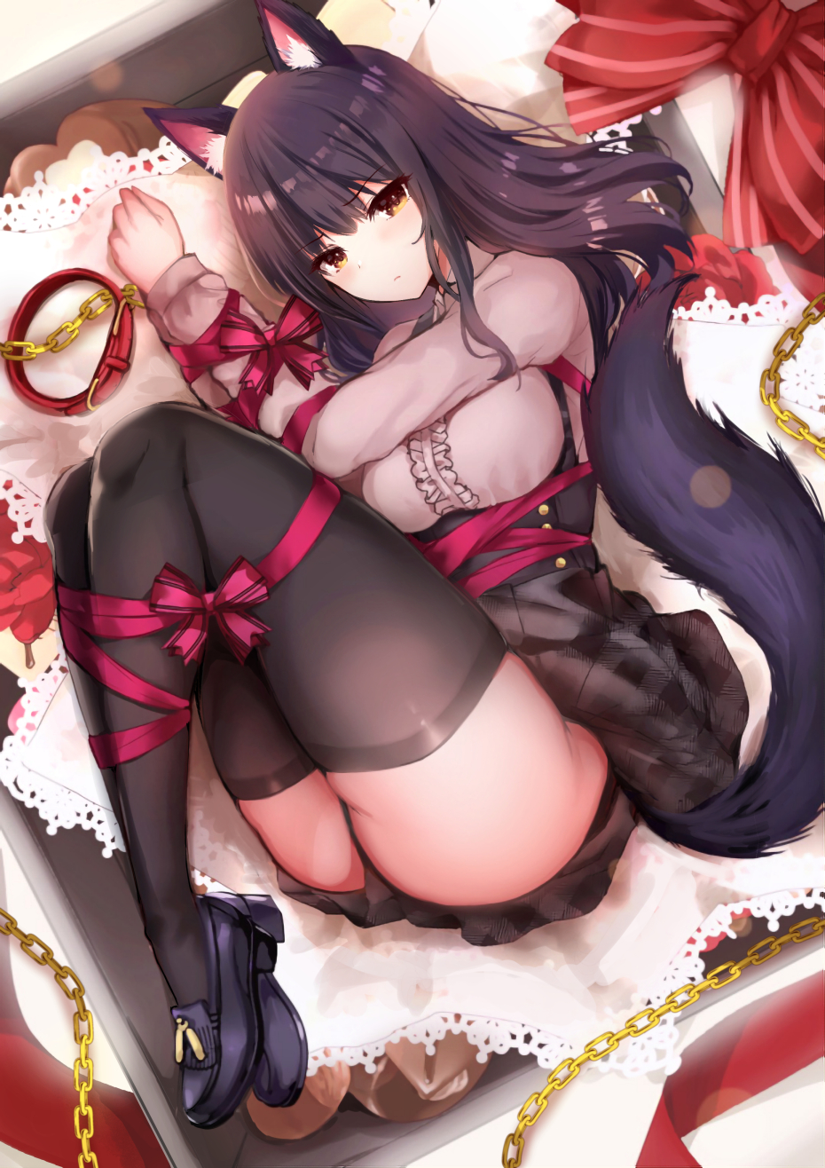 1girl animal_ears ass black_hair blush bound bound_legs box collar commentary_request highres in_box in_container leash loafers long_hair looking_at_viewer lying mafuyu on_side original revision shoes skirt solo tail thighhighs valentine wolf_ears wolf_girl wolf_tail yellow_eyes
