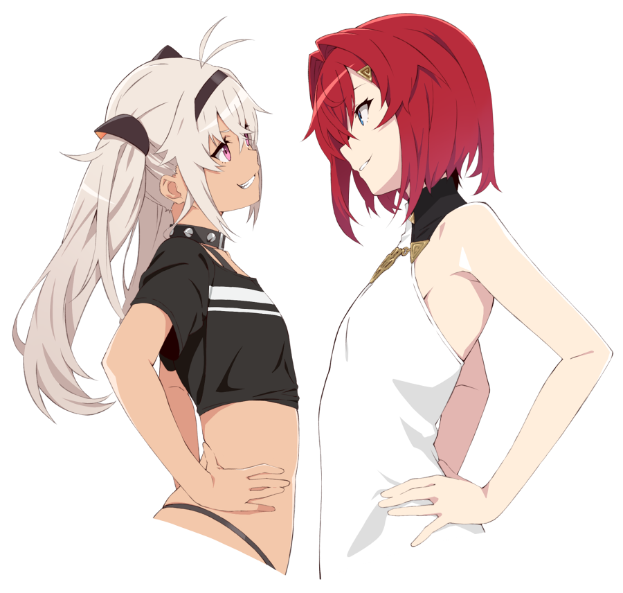 2girls akitetsu ange_katrina antenna_hair bare_shoulders black_collar blue_eyes collar commentary crop_top cropped_torso dark_skin eye_contact flat_chest grey_hair grin hair_between_eyes hair_intakes hair_ornament hairband hairclip hands_on_hips long_hair looking_at_another matsukai_mao multiple_girls nijisanji panty_straps profile purple_eyes red_hair shirt short_hair skindentation sleeveless sleeveless_shirt smile spiked_collar spikes symbol_commentary t-shirt teeth transparent_background twintails upper_body virtual_youtuber