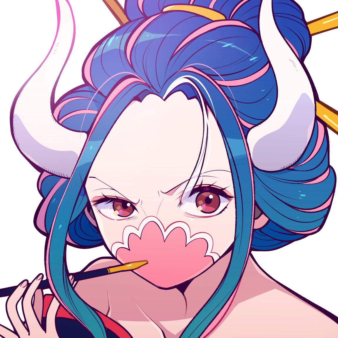 1girl bare_shoulders blue_hair close-up commentary_request eyelashes eyeshadow hair_ornament holding holding_smoking_pipe horns kanzashi makeup mask mouth_mask one_piece pink_eyes pink_eyeshadow red_hair shin_yama3 sidelocks simple_background smoking_pipe solo ulti_(one_piece) white_background white_horns