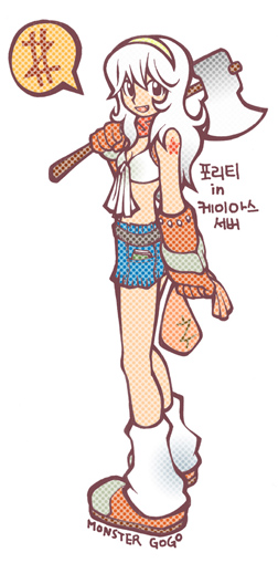 1girl 2000s_(style) axe bad_id bandana black_eyes blacksmith_(ragnarok_online) blue_shorts breasts brown_footwear brown_gloves cleavage commentary_request crop_top dated_commentary dollar_sign full_body gloves hairband holding holding_axe holding_sack korean_commentary long_hair looking_at_viewer looking_to_the_side loose_socks money_bag monster_gogo official_art open_mouth ragnarok_online red_bandana sack shirt shoes short_shorts shorts simple_background sleeveless sleeveless_shirt small_breasts smile socks solo spoken_dollar_sign tied_shirt white_background white_hair white_shirt white_socks yellow_hairband