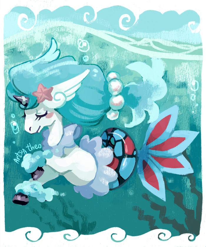 artsy-theo blush_stickers commentary creature english_commentary eyelashes full_body fusion galarian_form galarian_ponyta gen_3_pokemon gen_7_pokemon gen_8_pokemon horn milotic no_humans pokemon pokemon_(creature) primarina signature smile solo underwater water