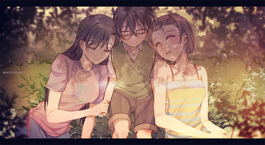 1boy 2girls bangs black-framed_eyewear blue_pants brown_hair brown_shorts casual closed_eyes closed_mouth collarbone collared_shirt dappled_sunlight day edogawa_conan glasses green_vest grey_shirt hair_between_eyes hairband holding_hands long_hair meitantei_conan monicanc mouri_ran multiple_girls open_mouth outdoors over-rim_eyewear pants purple_hairband red_ribbon ribbon semi-rimless_eyewear shiny shiny_hair shirt short_hair short_sleeves shorts sitting sleeveless sleeveless_shirt smile striped striped_shirt sunlight suzuki_sonoko twitter_username vest wing_collar yellow_shirt