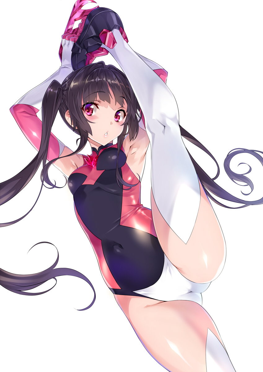 1girl armpits bangs black_hair blunt_bangs breasts cameltoe commentary_request contortion covered_navel cowboy_shot detached_sleeves flexible gloves gymnast_leotard hair_ornament highres leg_lift leg_up leotard looking_at_viewer nagayori pink_eyes pink_leotard senki_zesshou_symphogear shiny shiny_clothes shiny_skin sidelocks small_breasts split spread_legs standing standing_on_one_leg standing_split stretch thighs tsukuyomi_shirabe twintails white_background white_gloves white_legwear x_hair_ornament