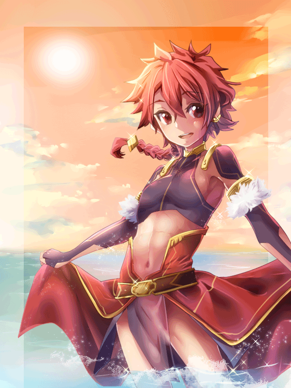 1boy alexander_(fate/grand_order) braid fate/grand_order fate_(series) leather leather_armor long_hair male_focus midriff mitsu_(nonoko05) overskirt partially_submerged red_eyes red_hair single_braid skirt skirt_lift solo sun