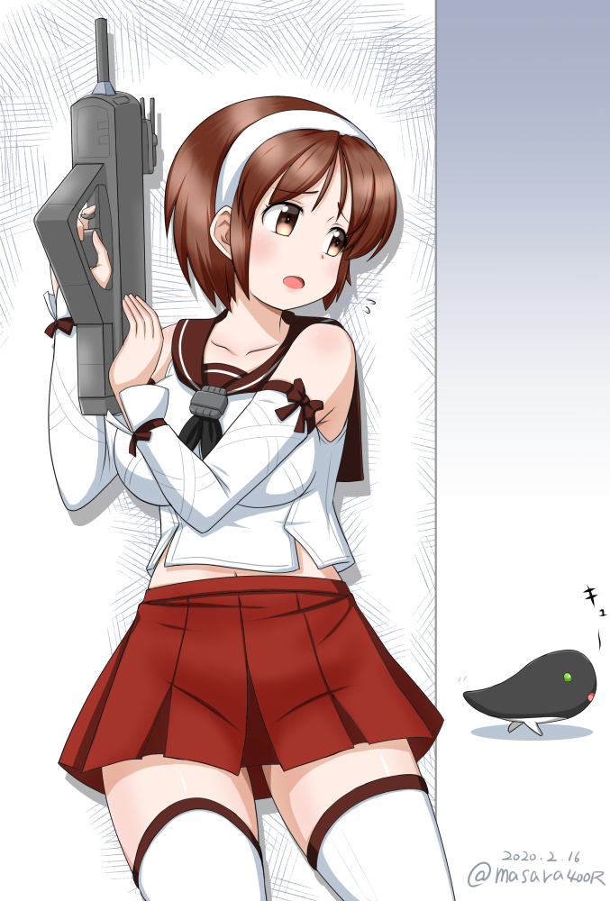 1girl 1other breasts brown_eyes brown_hair brown_sailor_collar commentary_request cowboy_shot dated detached_sleeves gun hairband hiding i-class_destroyer kantai_collection large_breasts masara_(masalucky2010) natori_(kantai_collection) pleated_skirt red_skirt sailor_collar school_uniform serafuku shinkaisei-kan short_hair skirt thighhighs twitter_username weapon white_hairband white_legwear