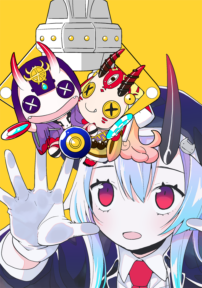 1girl 7meill bangs blonde_hair button_eyes character_doll commentary_request crane_game cup fangs fate/grand_order fate_(series) gloves heroic_spirit_festival_outfit horns ibaraki_douji_(fate/grand_order) oni_horns open_mouth police police_uniform purple_hair red_eyes sakazuki shuten_douji_(fate/grand_order) sidelocks silver_hair smile solo tomoe_gozen_(fate/grand_order) uniform white_gloves