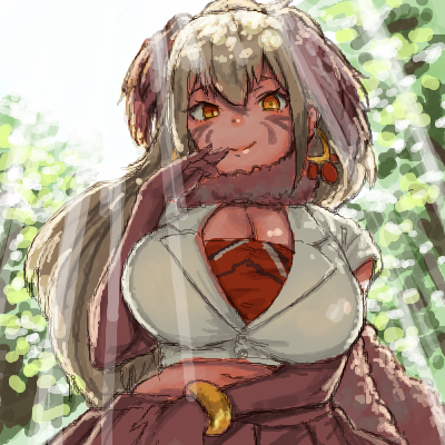 1girl backlighting bangle belly bracelet breasts brown_gloves brown_hair brown_skirt cleavage closed_mouth cropped_shirt dark_skin day earrings elbow_gloves fur_scarf gloves grey_hair hair_between_eyes hand_to_own_mouth hand_up jewelry kemono_friends large_breasts light_beam long_hair looking_at_viewer lowres midriff multicolored_hair navel north_island_giant_moa_(kemono_friends) oekaki orange_eyes outdoors scarf shirt shisa_no_oshio short_sleeves skirt smile solo stomach sunlight thighhighs two-tone_hair upper_body white_shirt
