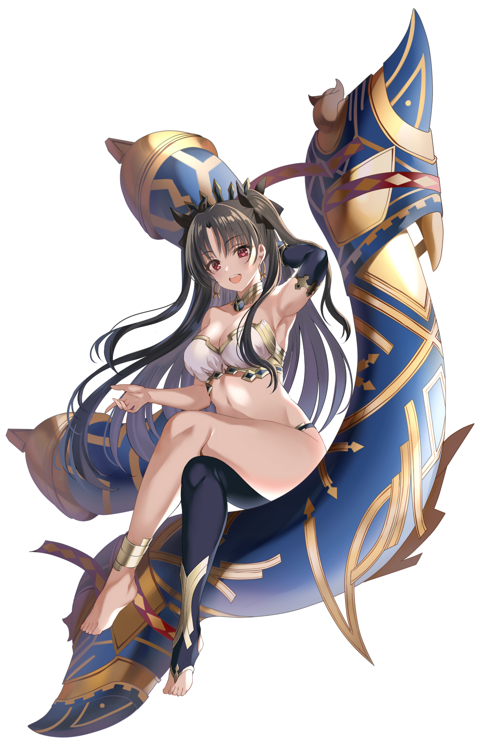 1girl anklet arm_behind_head armlet armpits asymmetrical_legwear asymmetrical_sleeves bangs bare_shoulders black_bikini_bottom black_bow black_hair blush bow breasts bridal_gauntlets cleavage collarbone crossed_legs detached_collar detached_sleeves earrings fate/grand_order fate_(series) feet hair_bow harimoji heavenly_boat_maanna highres hoop_earrings ishtar_(fate)_(all) ishtar_(fate/grand_order) jewelry large_breasts legs long_hair looking_at_viewer navel neck_ring open_mouth parted_bangs red_eyes simple_background single_detached_sleeve single_thighhigh sitting smile solo thighhighs tiara toeless_legwear toes two_side_up weapon white_background white_bikini_top