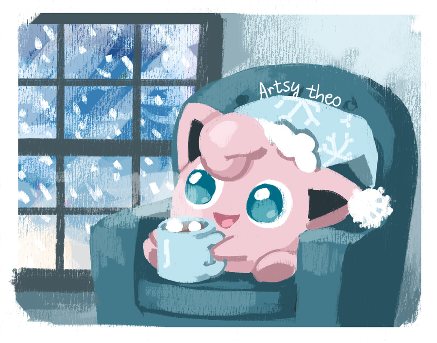 :d armchair artsy-theo chair creature cup full_body happy hat holding holding_cup indoors jigglypuff mug nightcap no_humans open_mouth pokemon pokemon_(creature) sitting smile snowing solo steam window