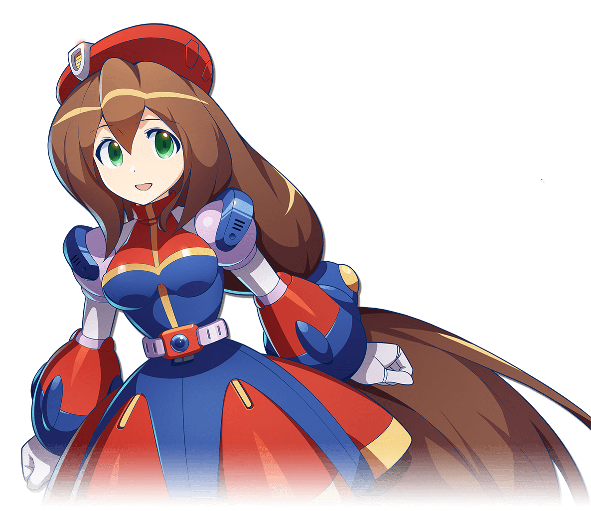 1girl android beret breasts brown_hair dress green_eyes hair_between_eyes hat iris_(rockman_x) long_hair low-tied_long_hair military_hat mizuno_keisuke official_art open_mouth rockman rockman_x smile solo transparent_background very_long_hair