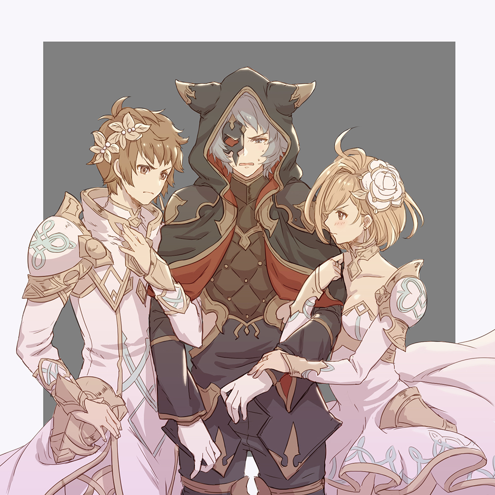 1girl 2boys animal_ears bisexual_(male) blonde_hair blue_hair brown_eyes chabo213 commentary_request djeeta_(granblue_fantasy) dress erune flower gran_(granblue_fantasy) granblue_fantasy hair_flower hair_ornament hood knights_of_glory locked_arms mask multiple_boys six_(granblue_fantasy) the_glory white_armor white_dress white_flower