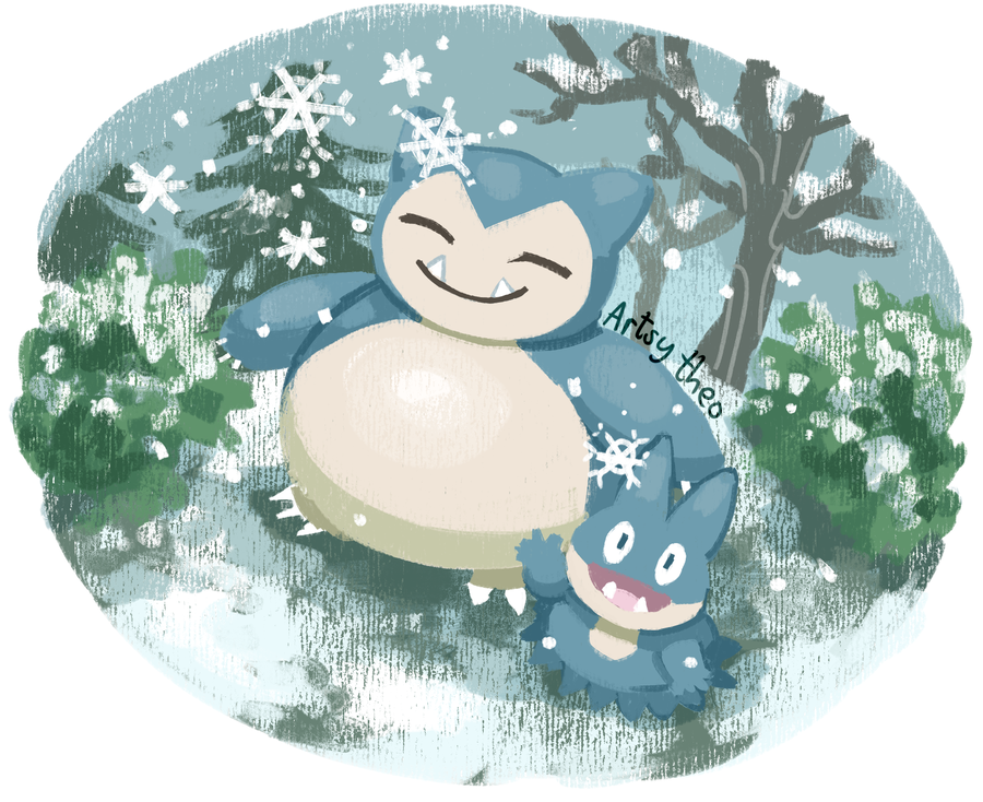 artsy-theo bare_tree claws facing_viewer fangs full_body gen_1_pokemon gen_4_pokemon looking_at_viewer munchlax no_humans outdoors pokemon smile snorlax snow snowflakes snowing standing tree