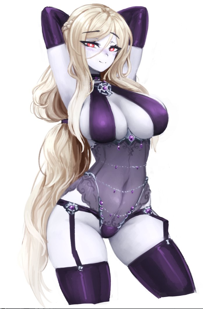 1girl arms_behind_head arms_up bangs barbariank blonde_hair blush braid breasts choker cleavage commentary cowboy_shot cropped_legs elbow_gloves english_commentary eyebrows_visible_through_hair eyes_visible_through_hair garter_straps gloves large_breasts long_hair looking_at_viewer low_ponytail monster_girl_encyclopedia navel purple_garter_belt purple_gloves purple_legwear red_eyes see-through simple_background smile solo thighhighs very_long_hair white_background white_skin wight_(monster_girl_encyclopedia)