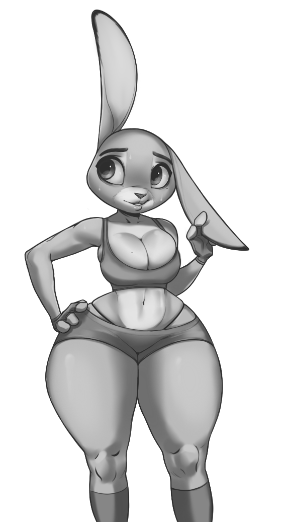 anthro beauty_mark big_breasts bodily_fluids bottomwear breasts cleavage clothed clothing conditional_dnp disney female fingerless_gloves gloves handwear hotpants judy_hopps lagomorph leporid mammal monochrome rabbit shorts skimpy solo sweat thin_waist thong underwear wide_hips xopachi zootopia