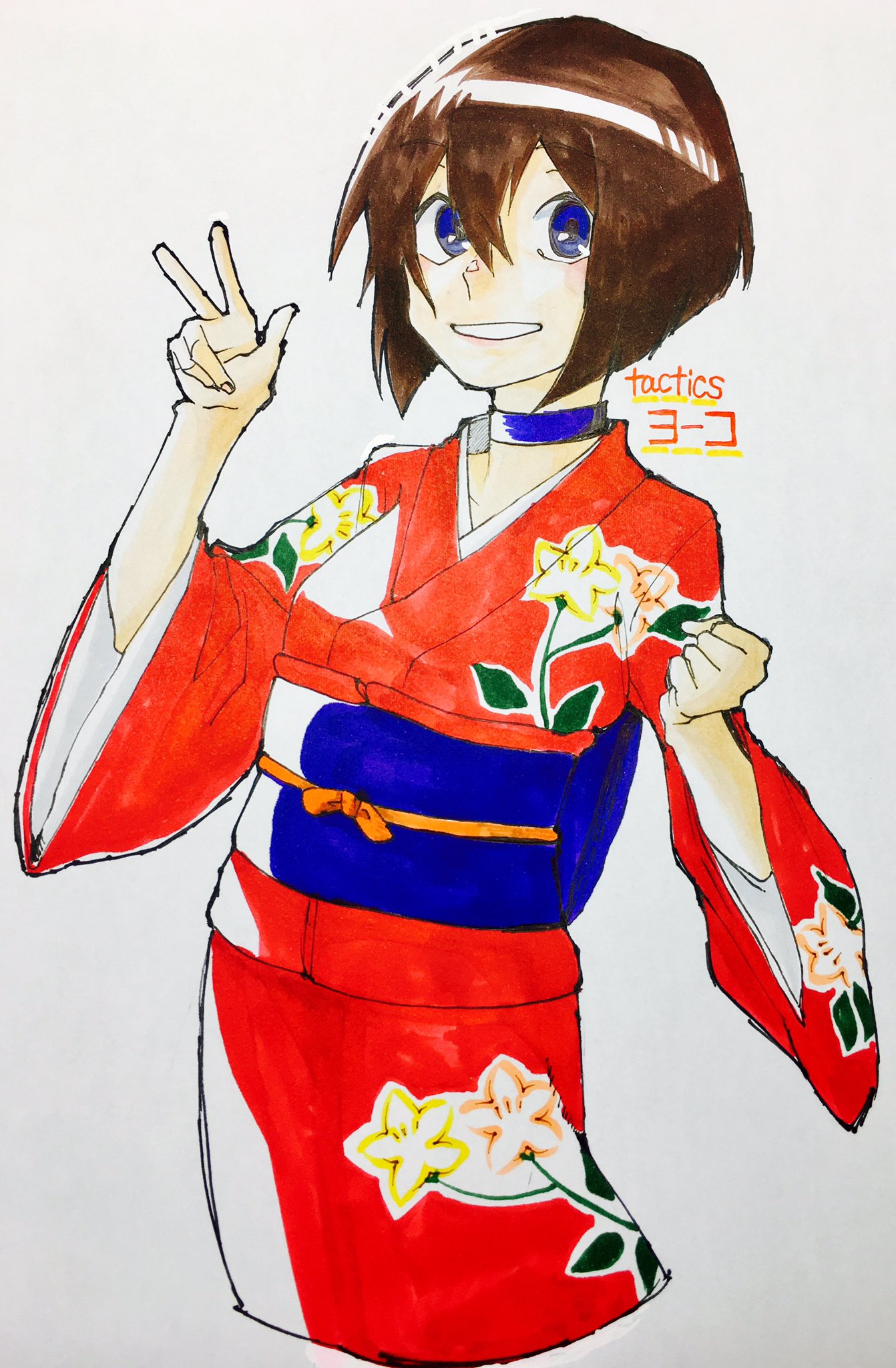 1girl blue_choker blue_eyes bob_cut brown_hair character_name choker clenched_hand copyright_name floral_print floral_print_kimono grin hair_between_eyes hands_up highres japanese_clothes kimono looking_at_viewer marker_(medium) obijime odaibako print_kimono red_kimono sand_zoou short_hair smile solo tactics traditional_media v youko_(tactics)