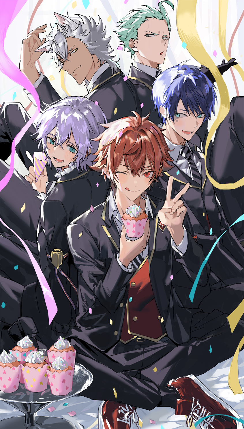 5boys :q ace_trappola ahoge animal_ears aqua_eyes back-to-back black_gloves black_jacket black_pants blue_hair cake closed_mouth collar commentary_request confetti dark-skinned_male dark_skin deuce_spade diagonal-striped_clothes diagonal-striped_necktie dot_nose epel_felmier facial_tattoo food frilled_collar frills full_body gloves green_eyes green_hair grey_necktie hair_between_eyes highres holding holding_cake holding_food indian_style jack_howl jacket knee_up looking_at_viewer lower_teeth_only male_focus multiple_boys nana_tetra necktie one_eye_closed open_mouth pants purple_hair red_eyes red_hair red_vest sebek_zigvolt shirt shoes short_hair simple_background sitting smile sneakers striped_clothes tattoo teeth tongue tongue_out twisted_wonderland upper_body v vest white_background white_hair white_shirt yellow_eyes
