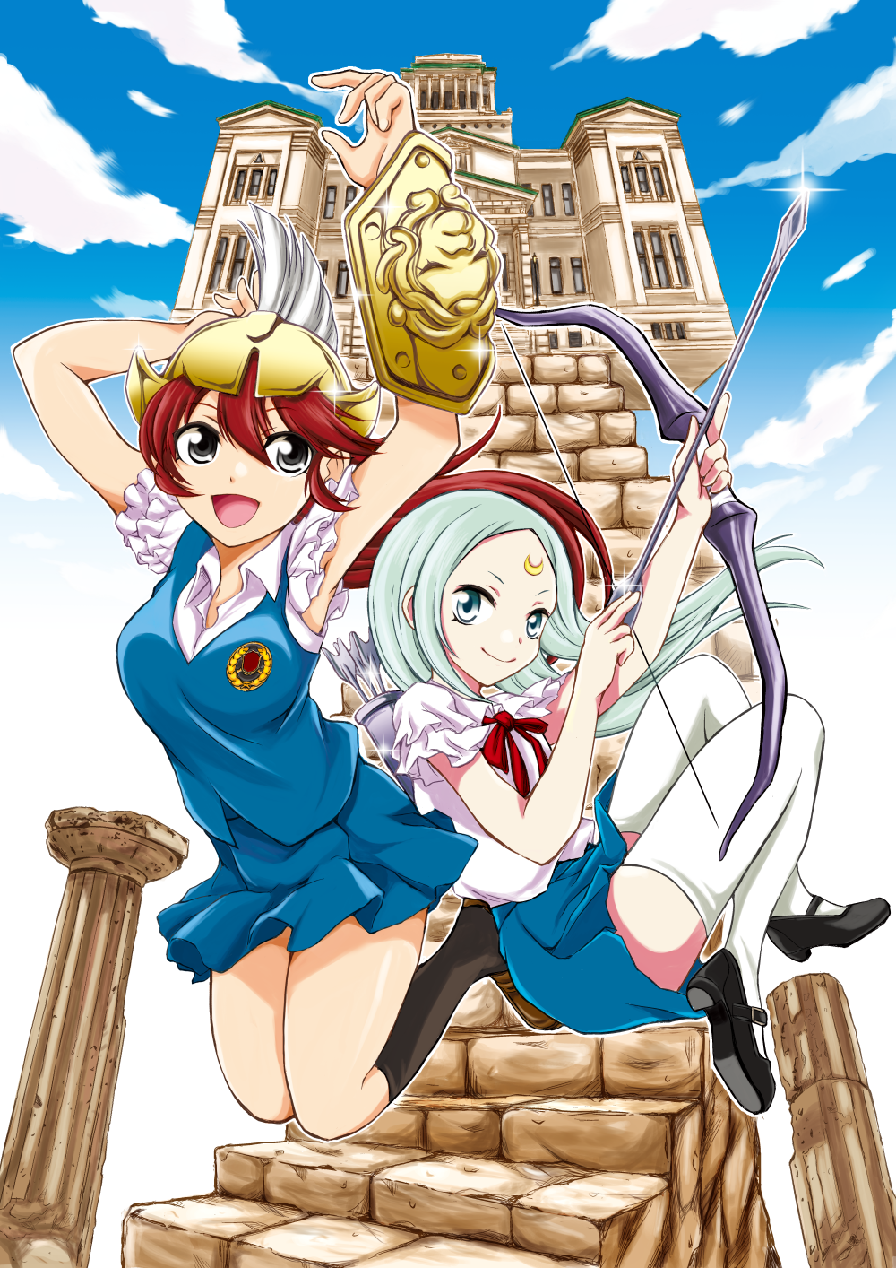 2girls arms_up arrow artemis_(greek_mythology) athena_(greek_mythology) bangs black_eyes black_footwear black_legwear blue_skirt blue_sky blue_vest bow_(weapon) brown_footwear building cloud cloudy_sky commentary_request crescent day dress_shirt emblem facial_mark floating forehead_mark frilled_sleeves frills greek_mythology hagi_midori helmet highres holding holding_arrow holding_bow_(weapon) holding_weapon legs_up loafers long_hair mary_janes miniskirt multiple_girls neck_ribbon olympus original outline partial_commentary pillar pleated_skirt quiver red_hair red_neckwear ribbon shield shirt shoes short_sleeves silver_eyes silver_hair skirt sky socks sparkle stairs thighhighs vest weapon white_legwear white_outline white_shirt wing_collar yellow_headwear