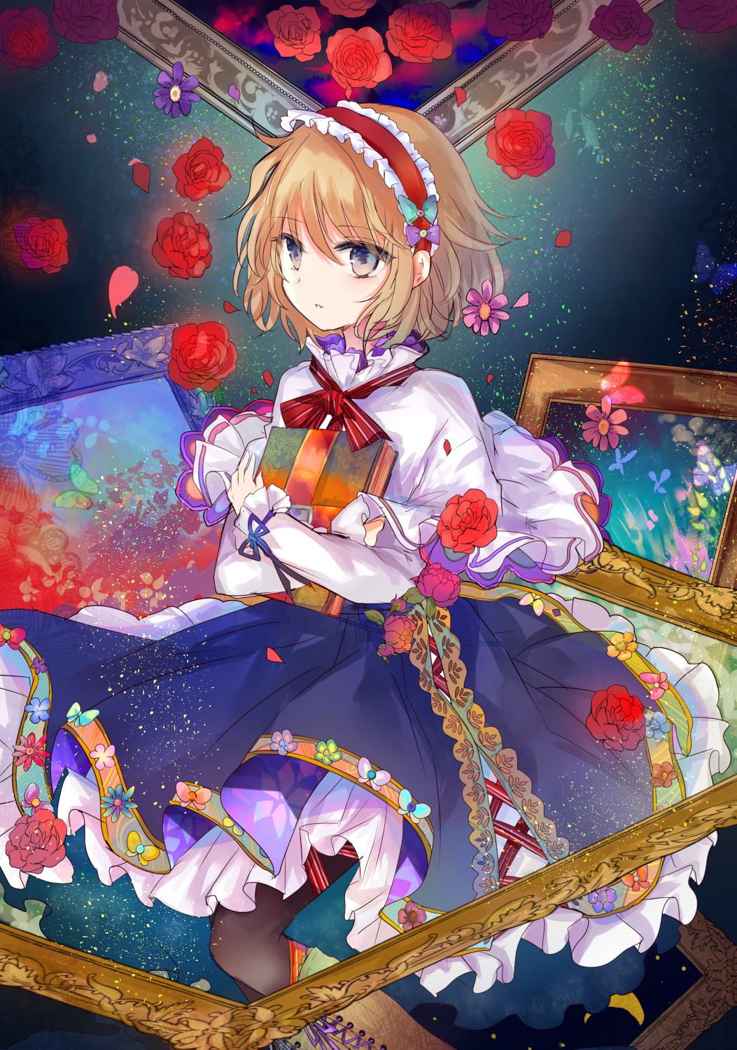 1girl alice_margatroid bangs blonde_hair blue_dress blue_eyes bow capelet dress flower frills grimoire_of_alice hairband highres kazu_(muchuukai) painting_(object) petals rose short_hair solo touhou white_capelet