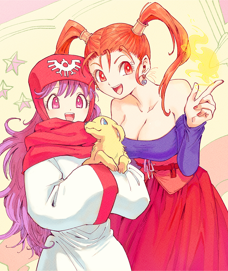 2girls animal bare_shoulders belt breasts cleavage collarbone curly_hair dog dragon_quest dragon_quest_ii dragon_quest_viii dress earrings fire full_body hand_up holding holding_animal holding_dog hood jessica_albert jewelry large_breasts long_hair long_sleeves looking_at_viewer multiple_girls off-shoulder_shirt off_shoulder open_mouth orange_hair pink_nails princess princess_of_moonbrook purple_eyes purple_hair purple_shirt pyrokinesis red_eyes red_skirt robe shirt skirt smile star_(symbol) twintails yuza