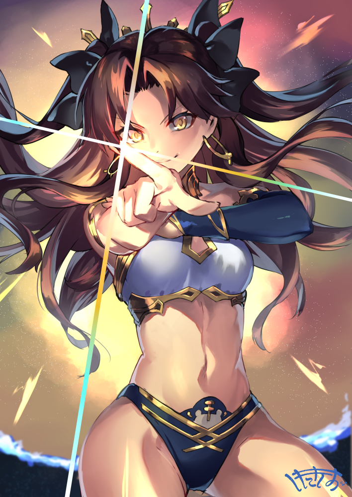 1girl armlet asymmetrical_sleeves bangs bare_shoulders bikini black_bikini_bottom black_bow black_hair bow breasts bridal_gauntlets cleavage closed_mouth detached_collar earrings fate/grand_order fate_(series) gold_trim hair_bow highleg highleg_bikini hoop_earrings ishtar_(fate)_(all) ishtar_(fate/grand_order) jewelry light_rays long_hair looking_at_viewer medium_breasts navel neck_ring outstretched_arm parted_bangs pointing shimozuki_shio single_sleeve smile solo sparkle swimsuit tiara two_side_up white_bikini_top yellow_eyes