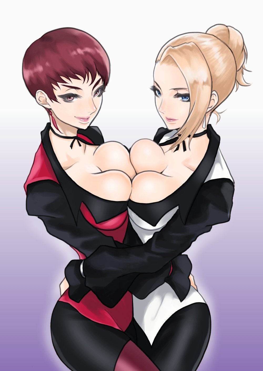 2girls anagumasan blonde_hair breast_press breasts cleavage earrings hair_bun hand_on_another's_hip highres jewelry looking_at_viewer mature_(kof) multiple_girls red_hair short_hair the_king_of_fighters vice