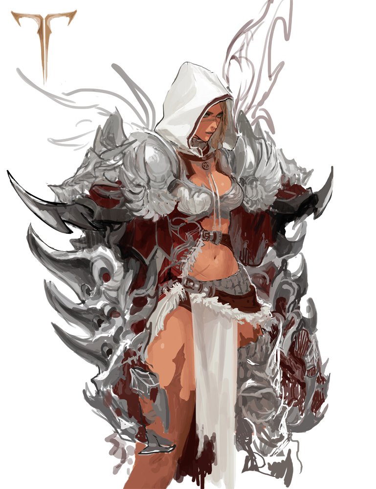 1girl armor blonde_hair blue_eyes claw_(weapon) facial_scar gauntlets hood hood_up long_hair navel original parted_lips pauldrons rr_(suisse200) scar simple_background sketch solo torn_clothes weapon white_background