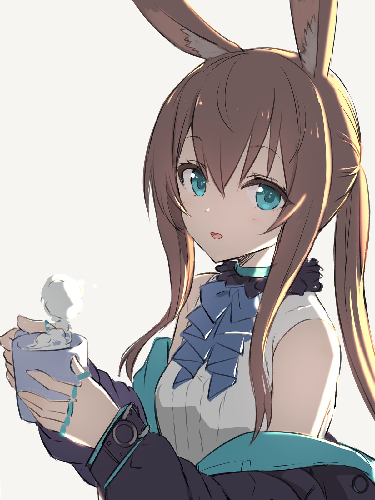1girl amiya_(arknights) animal_ears arknights ascot bare_shoulders black_jacket blue_eyes brown_hair bunny_ears cup gochou_(atemonai_heya) highres holding holding_cup jacket jewelry long_hair looking_at_viewer mug multiple_rings off_shoulder open_mouth ponytail ring shirt simple_background sleeveless sleeveless_shirt solo steam upper_body white_background white_shirt