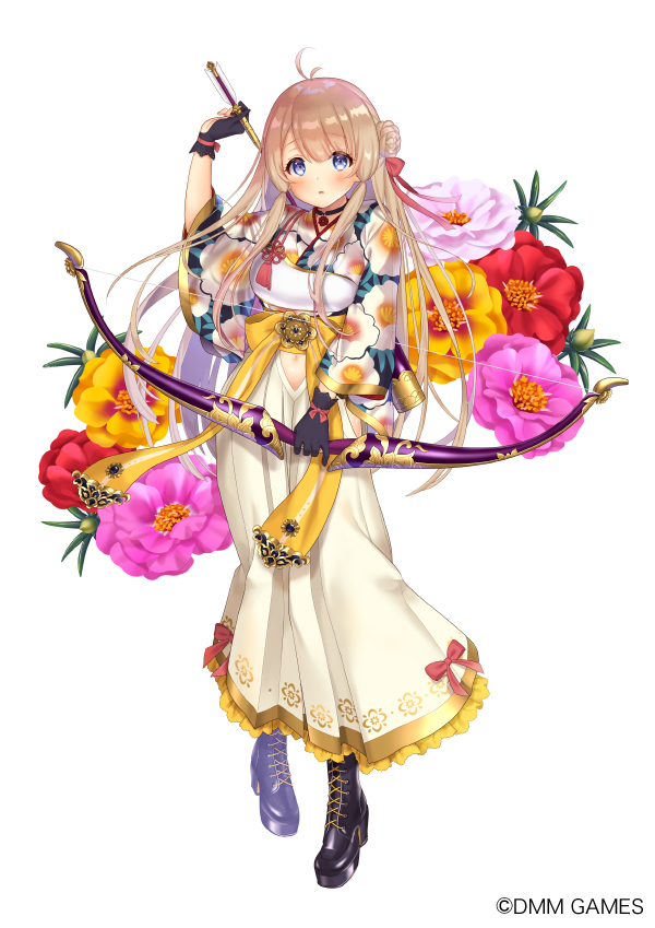 1girl :0 antenna_hair arrow bangs black_choker black_footwear black_gloves blue_eyes blush boots bow_(weapon) brown_hair character_request choker commentary_request cross-laced_footwear eyebrows_visible_through_hair floral_print flower flower_knight_girl flower_request frilled_skirt frills full_body gloves hair_bun hair_ribbon hakama_skirt high_heel_boots high_heels holding holding_arrow holding_bow_(weapon) holding_weapon japanese_clothes kimono lace-up_boots long_hair long_skirt long_sleeves looking_at_viewer muneate navel navel_cutout official_art partly_fingerless_gloves pico_(p_i_c_o) print_kimono quiver red_ribbon ribbon sidelocks skirt solo standing tachi-e watermark weapon white_background white_skirt wide_sleeves wrist_ribbon yellow_ribbon