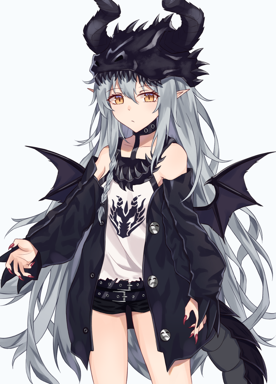 belt black_jacket black_shorts brown_eyes collarbone expressionless eyebrows_visible_through_hair flat_chest g11_(girls_frontline) girls_frontline grey_hair highres jacket long_hair looking_at_viewer messy_hair nihnfinite8 pointy_ears red_nails shorts very_long_hair wavy_hair
