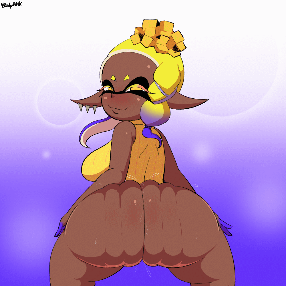 1:1 animal_humanoid animated anus big_butt blonde_hair blue_background blush bodyattk bottomless bouncing_breasts bouncing_butt breasts butt cephalopod cephalopod_humanoid clothed clothing dark_body dark_skin ear_piercing eyelashes female frye_(splatoon) genitals hair huge_butt humanoid humanoid_pointy_ears inkling looking_at_viewer looking_back looking_back_at_viewer marine marine_humanoid mollusk mollusk_humanoid narrowed_eyes nintendo piercing pointy_ears pseudo_hair purple_anus rear_view short_hair simple_background smile solo splatoon squid_humanoid tentacle_hair tentacles thick_thighs topwear twerking vulva white_background wide_hips yellow_clothing yellow_eyes yellow_topwear