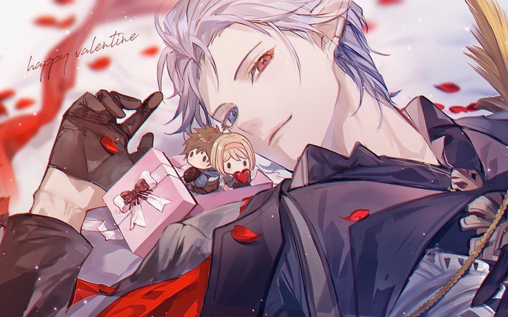 1boy alternate_costume alternate_hairstyle blue_eyes chibi djeeta_(granblue_fantasy) gift gloves gran_(granblue_fantasy) granblue_fantasy grimnir half_gloves heterochromia looking_at_viewer male_focus open_mouth pointy_ears red_eyes rilmok short_hair silver_hair smile valentine