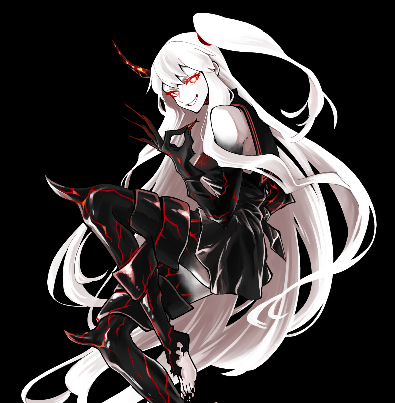 1girl aircraft_carrier_hime armored_boots bangs black_background black_dress boots breasts claws dress grin horn kantai_collection long_hair one_side_up pale_skin red_eyes sailor_collar sailor_dress shide_kouri shinkaisei-kan simple_background smile solo toenail_polish torn_boots torn_clothes white_hair white_skin