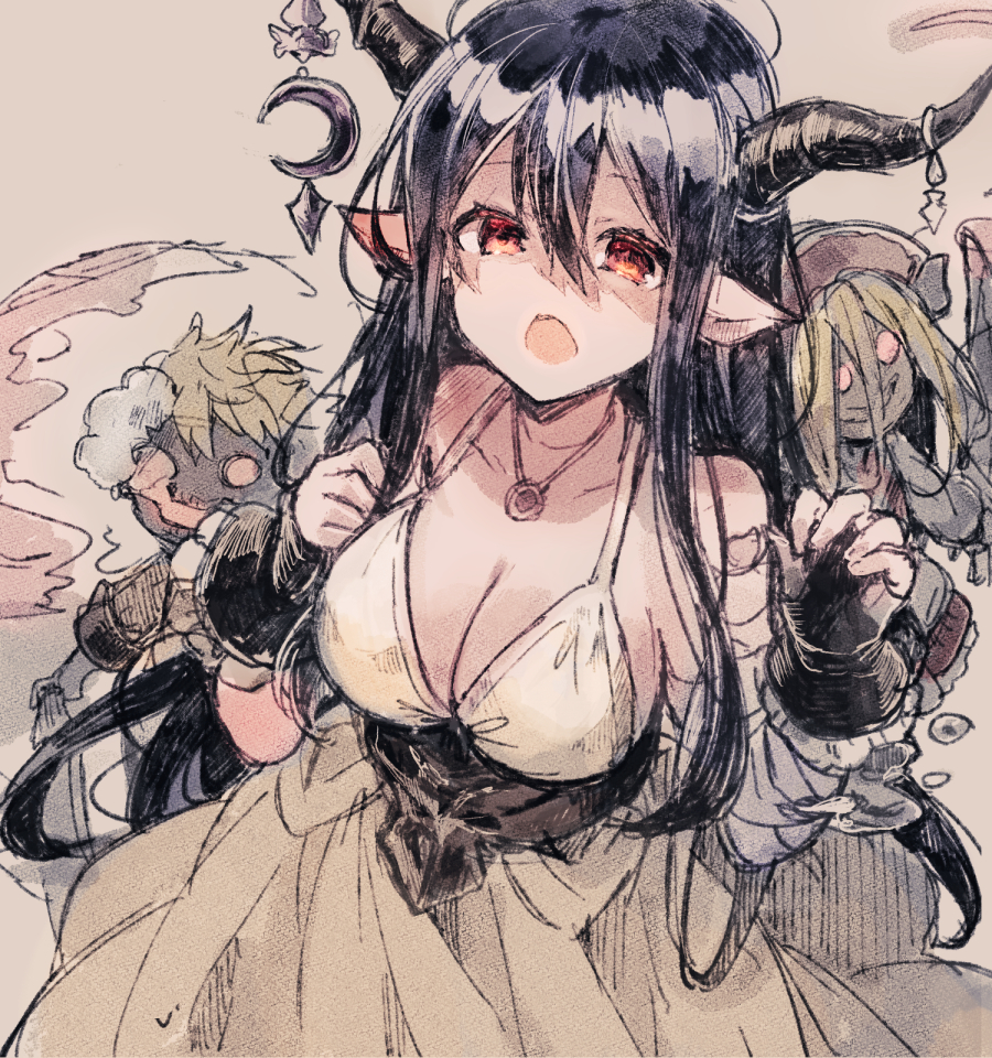 1girl bangs black_gloves black_hair breasts cleavage danua dress fingerless_gloves gloves granblue_fantasy hair_between_eyes hands_up horn_ornament horns ikeuchi_tanuma jacket jewelry large_breasts long_hair looking_at_viewer necklace open_clothes open_jacket open_mouth pointy_ears red_eyes sketch solo white_dress