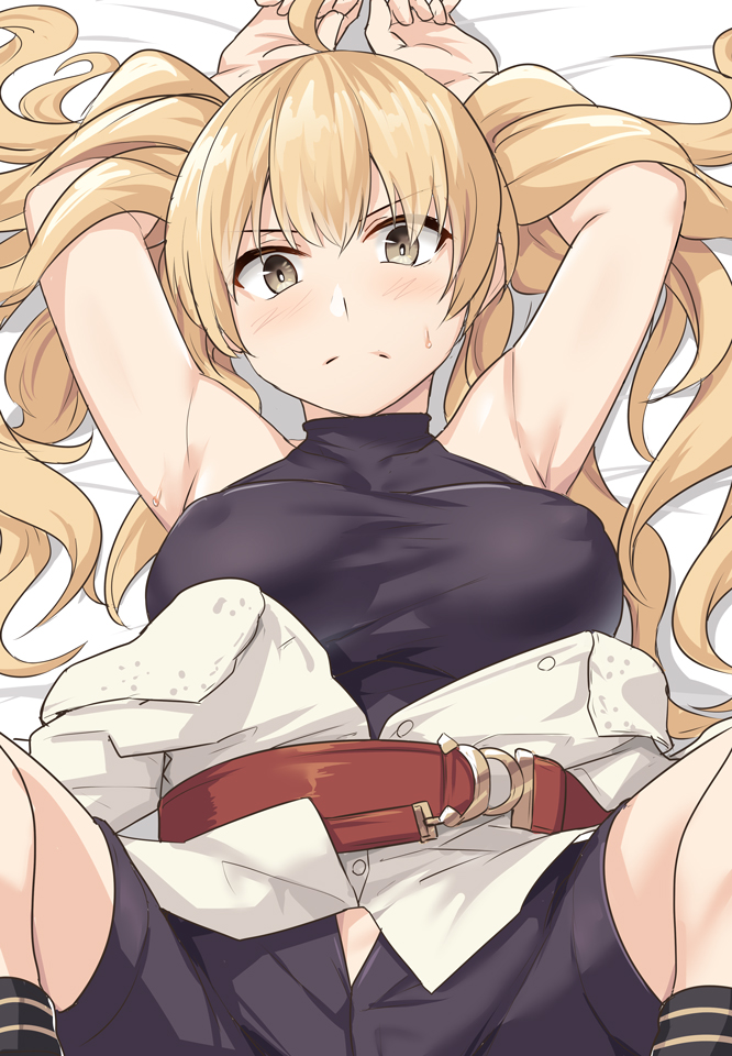 1girl armpits bangs beige_jacket belt black_shirt black_shorts blonde_hair breasts brown_belt covered_nipples eyebrows_visible_through_hair feet_out_of_frame frown granblue_fantasy large_breasts long_hair looking_at_viewer lying monika_weisswind on_back open_fly shirt shiseki_hirame shorts sleeveless sleeveless_shirt solo twintails